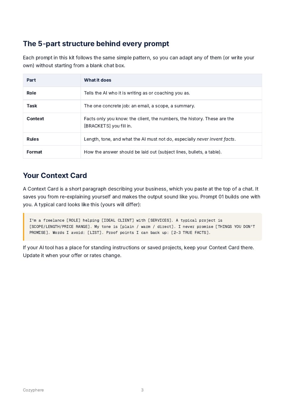 Guide pages from the PDF: the 5-part structure and Context Card